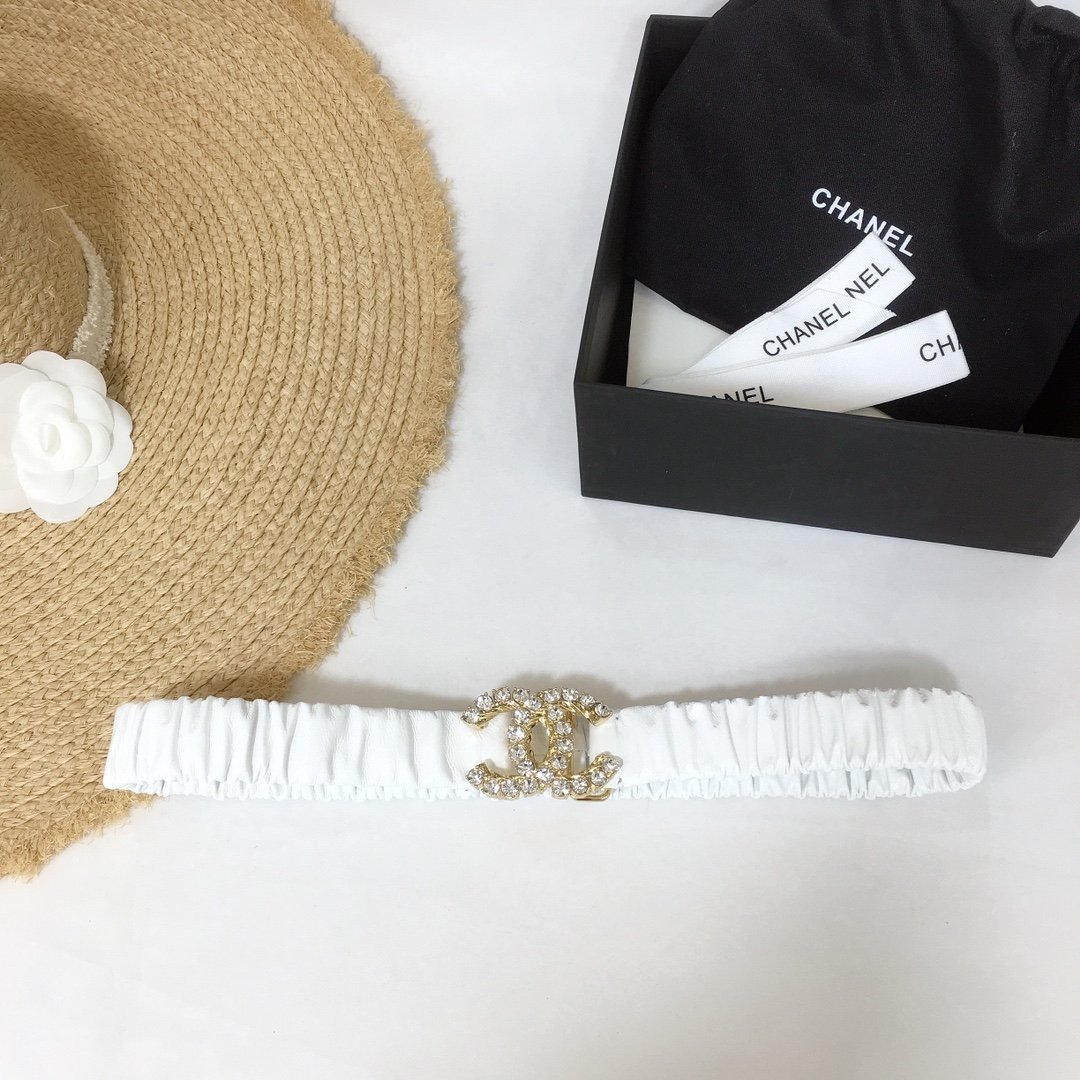 44E7B497-1994-1FA6-5ECC-4CF021790BE1 Chanel Belt Velvet White With Double C Buckle Gold-Toned and Strass Hardware Women Belt 30MM - Image 1