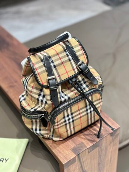 Burberry Stripe Unisex Backpack With Leather Trim