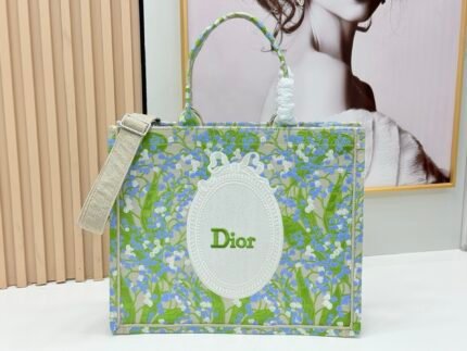 Dior 8833 Green Leaf Mirror Print Tote Shopping Carryall Bag