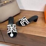 Hermes Oran H Square Heel High Heeled Sandals Slippers Shoes - Image 5